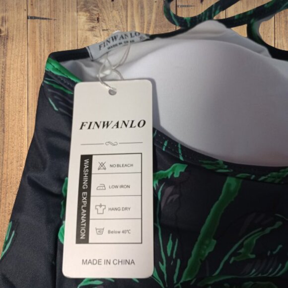 Finwanlo 1 Piece Criss Cross Back Swimsuit Black with Green Tropical Pattern NWT - Picture 6 of 8